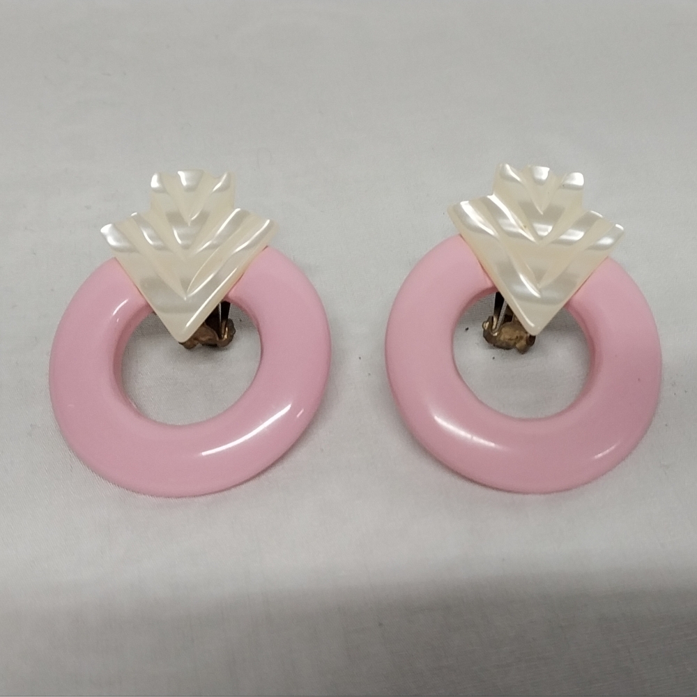 Pink and Cream Geometric Deco Style Plastic Earrings